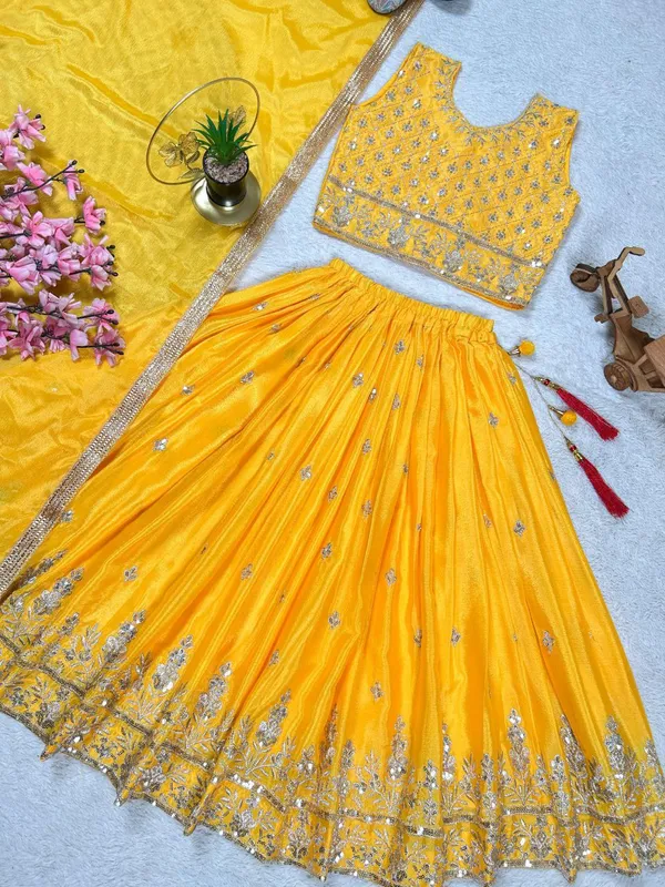 Yellow_Chinon_Silk_Sequins_Embroidery_Work_Lehenga_Choli_For_Girls