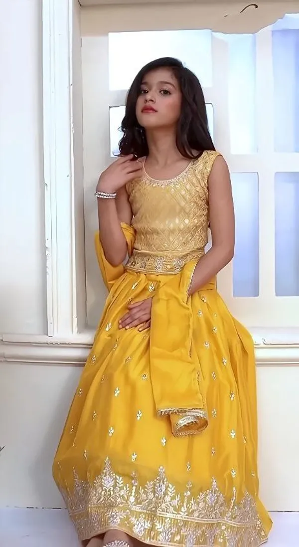Yellow_Chinon_Silk_Sequins_Embroidery_Work_Lehenga_Choli_For_Girls