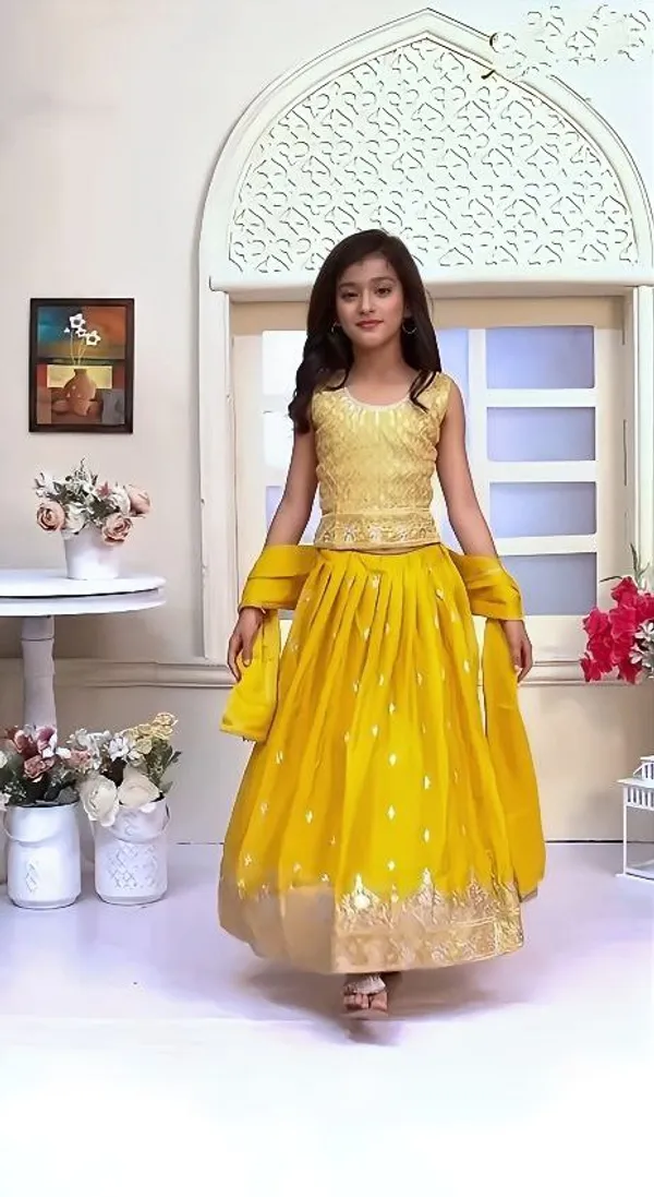 Yellow_Chinon_Silk_Sequins_Embroidery_Work_Lehenga_Choli_For_Girls