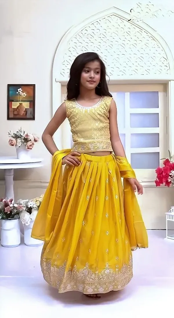Yellow_Chinon_Silk_Sequins_Embroidery_Work_Lehenga_Choli_For_Girls