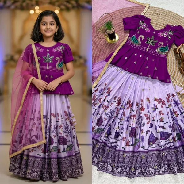Purple_Chinon_Silk_With_Embroidery_Sequence_Work_With_Soft_Printed_Work_Lehenga_Choli_For_Girls