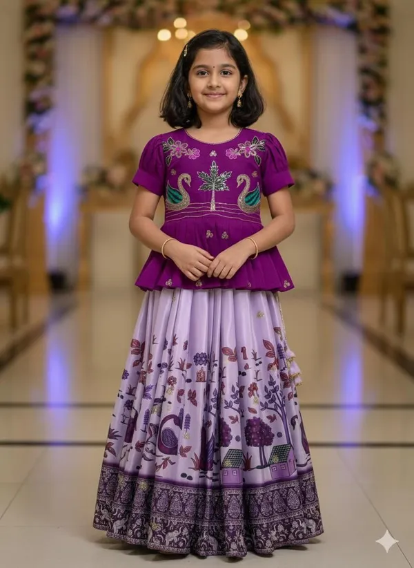 Purple_Chinon_Silk_With_Embroidery_Sequence_Work_With_Soft_Printed_Work_Lehenga_Choli_For_Girls