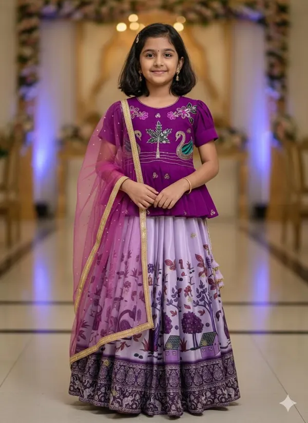 Purple_Chinon_Silk_With_Embroidery_Sequence_Work_With_Soft_Printed_Work_Lehenga_Choli_For_Girls