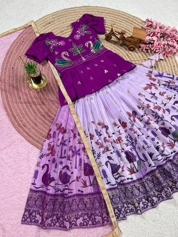 Purple_Chinon_Silk_With_Embroidery_Sequence_Work_With_Soft_Printed_Work_Lehenga_Choli_For_Girls