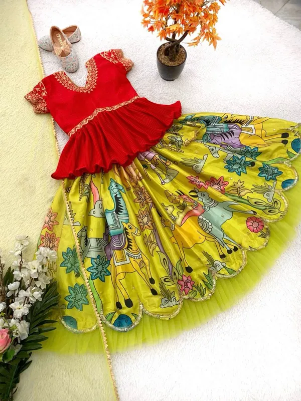 Yellow_And_Red_Chinon_With_Embroidery_Sequence_Work_Lehenga_Choli_For_Girls