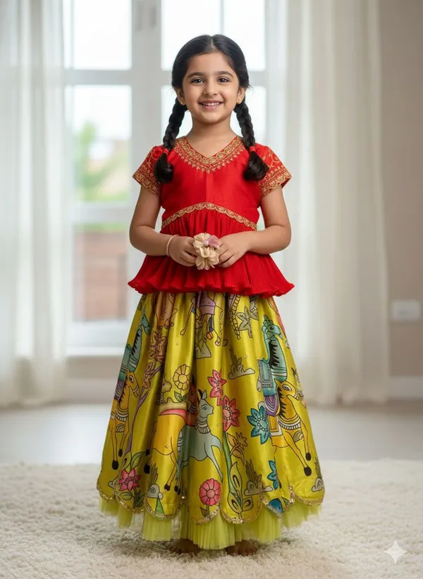 Yellow_And_Red_Chinon_With_Embroidery_Sequence_Work_Lehenga_Choli_For_Girls