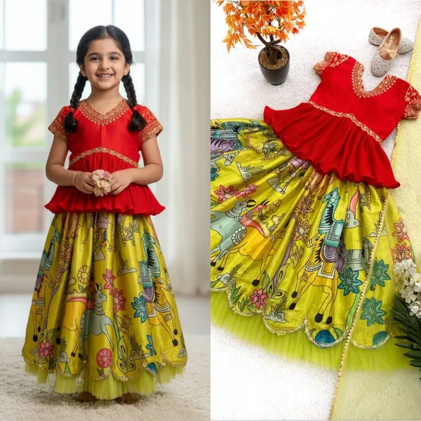 Yellow_And_Red_Chinon_With_Embroidery_Sequence_Work_Lehenga_Choli_For_Girls