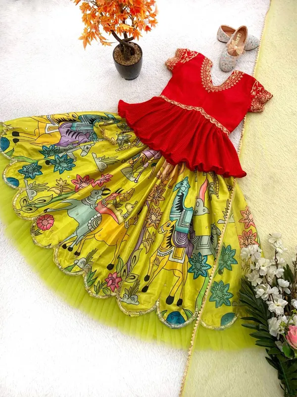 Yellow_And_Red_Chinon_With_Embroidery_Sequence_Work_Lehenga_Choli_For_Girls