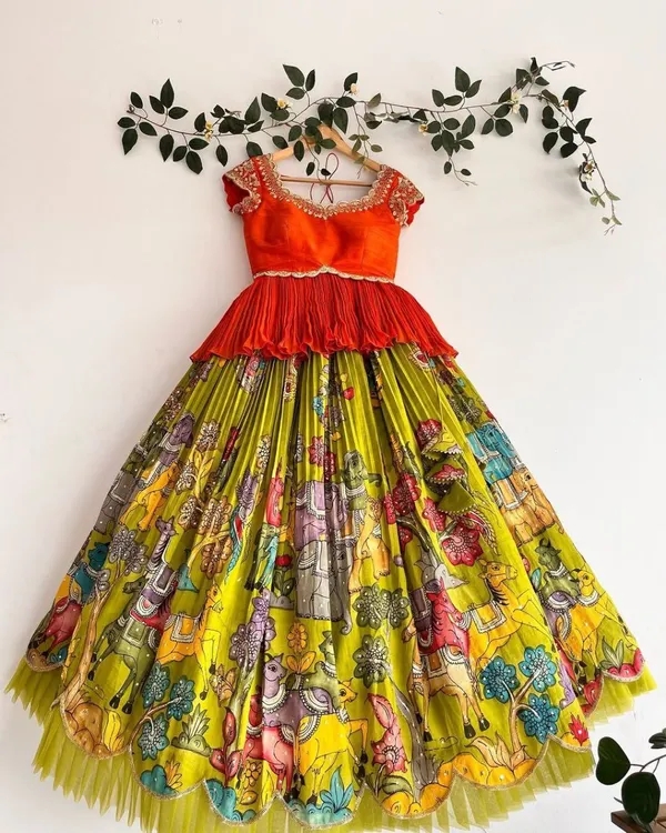 Yellow_And_Red_Chinon_With_Embroidery_Sequence_Work_Lehenga_Choli_For_Girls