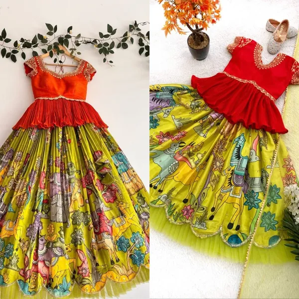 Yellow_And_Red_Chinon_With_Embroidery_Sequence_Work_Lehenga_Choli_For_Girls