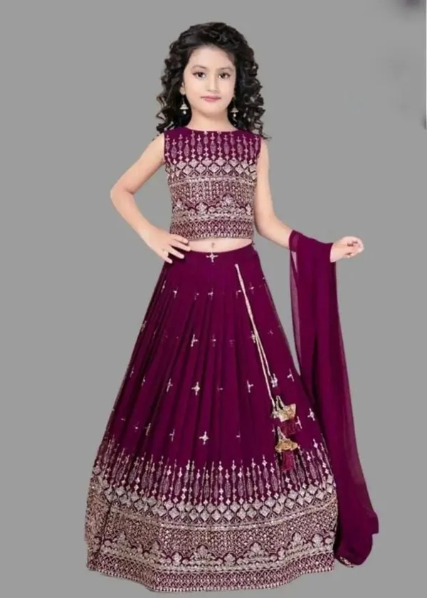 Wine_Blooming_Georgette_With_Sequins_Embroidered_Lehenga_Choli_For_Girls