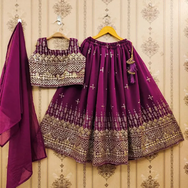 Wine_Blooming_Georgette_With_Sequins_Embroidered_Lehenga_Choli_For_Girls