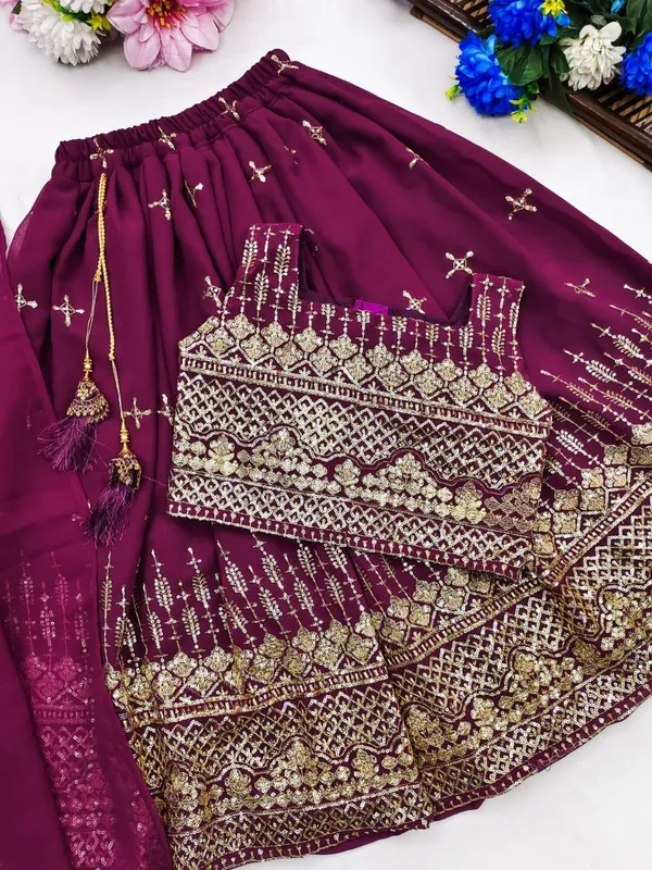 Wine_Blooming_Georgette_With_Sequins_Embroidered_Lehenga_Choli_For_Girls