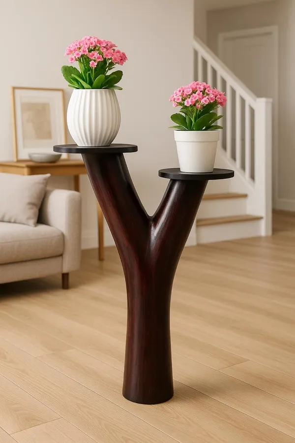 Light_Brown_&_Dark_Brown_Handcrafted_Jackfruit_Wood_Twin_Flower_Vase_Stand_|_Y-Shaped_Solid_Wood_Pedestal_|_Home,_Pooja_&_Living_Room_Decor_|_Eco-Friendly_Wooden_Decor_Stand_(5.6_Kg,_60_Cm_Height)