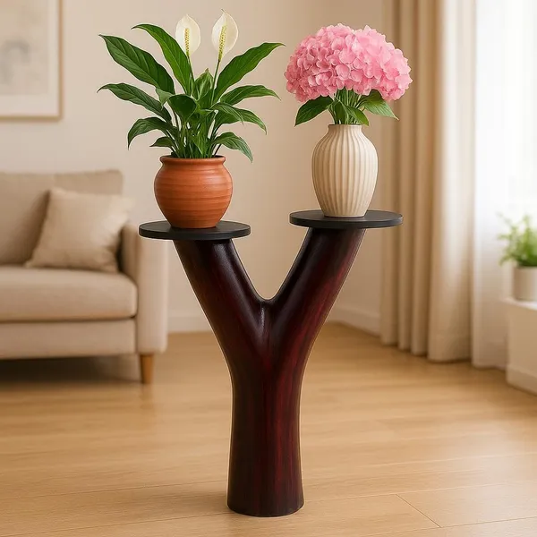 Light_Brown_&_Dark_Brown_Handcrafted_Jackfruit_Wood_Twin_Flower_Vase_Stand_|_Y-Shaped_Solid_Wood_Pedestal_|_Home,_Pooja_&_Living_Room_Decor_|_Eco-Friendly_Wooden_Decor_Stand_(5.6_Kg,_60_Cm_Height)