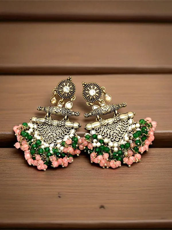 Peach_Brass_Matt_Toned_Metal_Work_With_Stone_And_Beaded_Long_Earring_For_Women_And_Girls