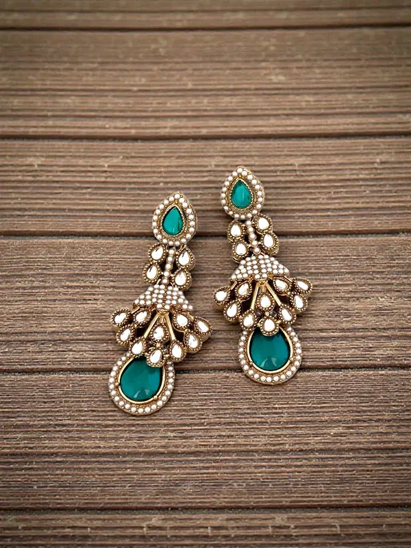 Rama_color_Kundan_Pearl_Drop_Earrings