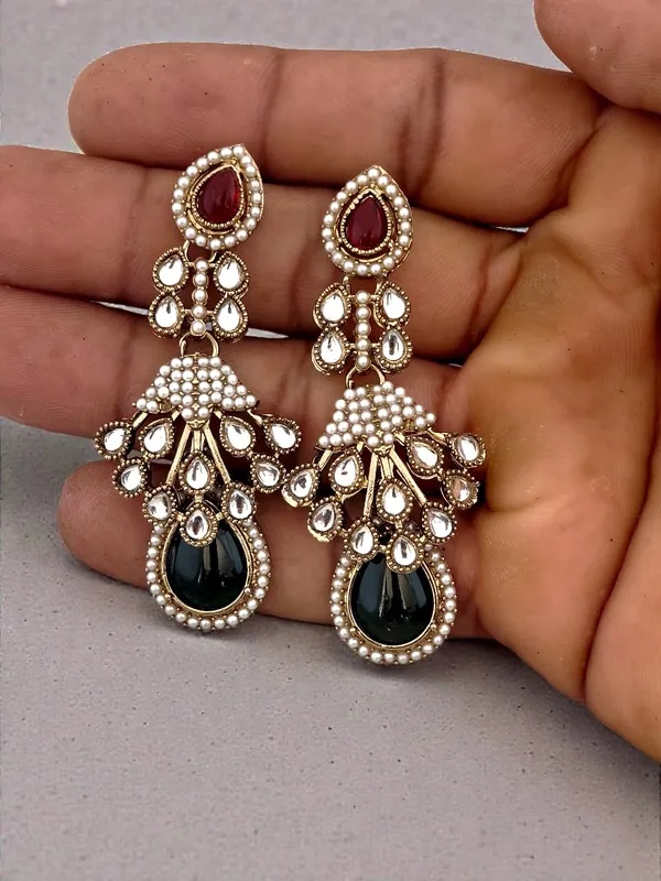 Maroon_And_Green_Kundan_Pearl_Drop_Earrings