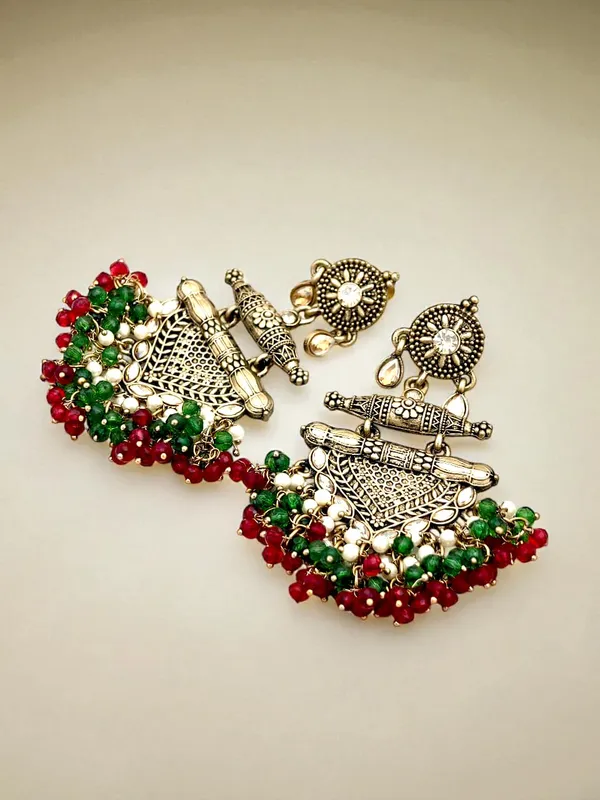 Maroon_Brass_Matt_Toned_Metal_Work_With_Stone_And_Beaded_Long_Earring_For_Women_And_Girls