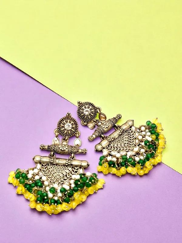 Yellow_Brass_Matt_Toned_Metal_Work_With_Stone_And_Beaded_Long_Earring_For_Women_And_Girls