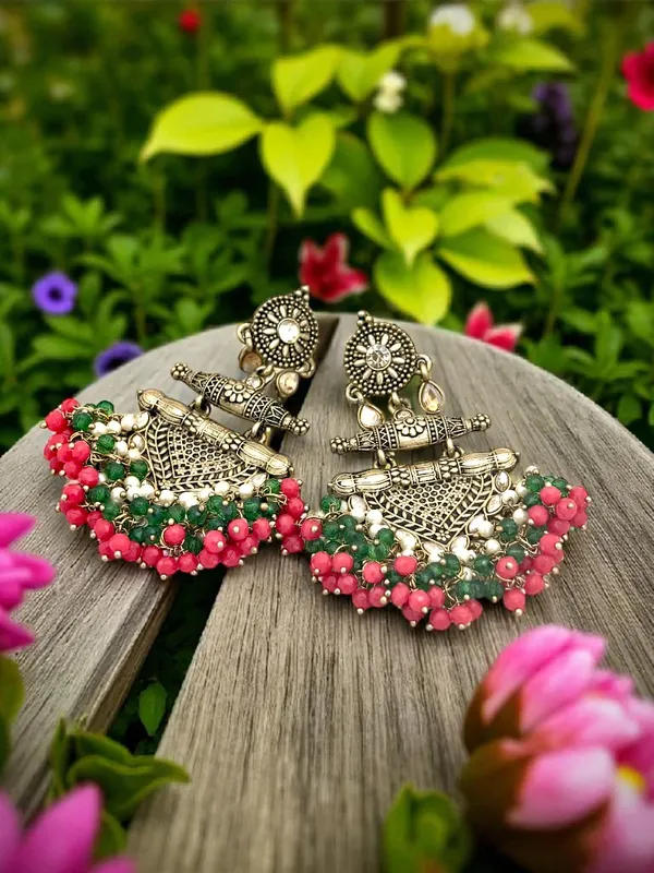 Red_Brass_Matt_Toned_Metal_Work_With_Stone_And_Beaded_Long_Earring_For_Women_And_Girls