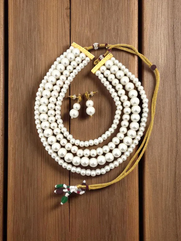 Gold-Toned_White_Four_Line_Pearl_Glass_Stones_Chain_And_Earrings_For_Women_And_Girls