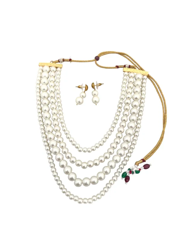 Gold-Toned_White_Four_Line_Pearl_Glass_Stones_Chain_And_Earrings_For_Women_And_Girls
