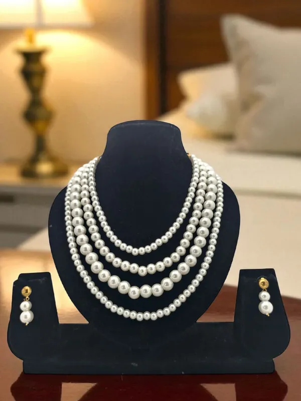 Gold-Toned_White_Four_Line_Pearl_Glass_Stones_Chain_And_Earrings_For_Women_And_Girls