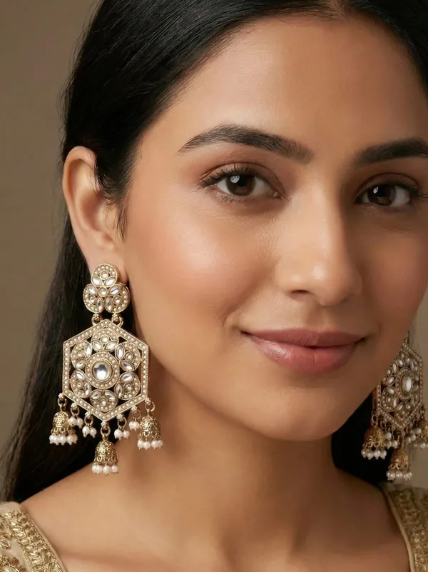 Gold-Plated_Kundan_&_Pearl_Beaded_hexagonal_Jhumka_Earrings
