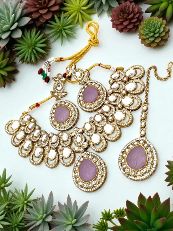 Gold_Plated_Big_Carving_Stone_Studded_Lavender_Color_Jewellery_Set_For_Womens