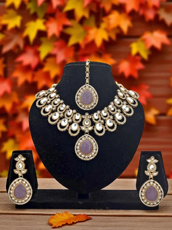 Gold_Plated_Big_Carving_Stone_Studded_Lavender_Color_Jewellery_Set_For_Womens