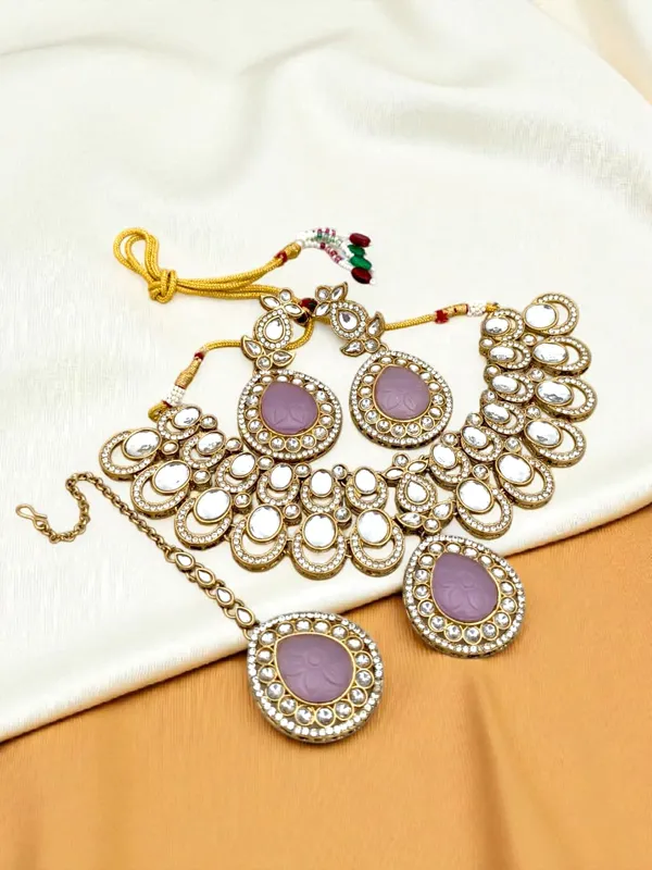 Gold_Plated_Big_Carving_Stone_Studded_Lavender_Color_Jewellery_Set_For_Womens