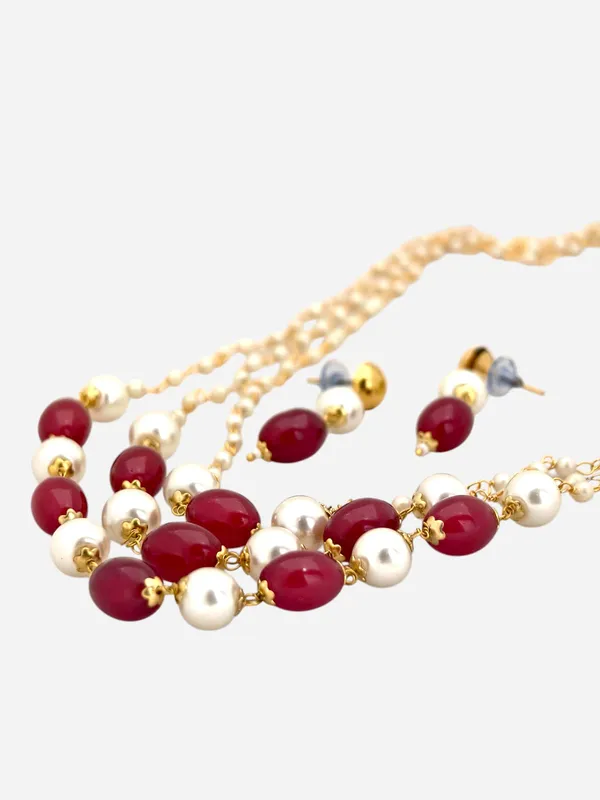 Gold-Toned_Maroon_Triple_Line_Maroon_Glass_Stones_Chain_And_Earrings_For_Women_And_Girls