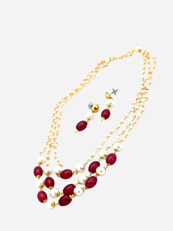 Gold-Toned_Maroon_Triple_Line_Maroon_Glass_Stones_Chain_And_Earrings_For_Women_And_Girls
