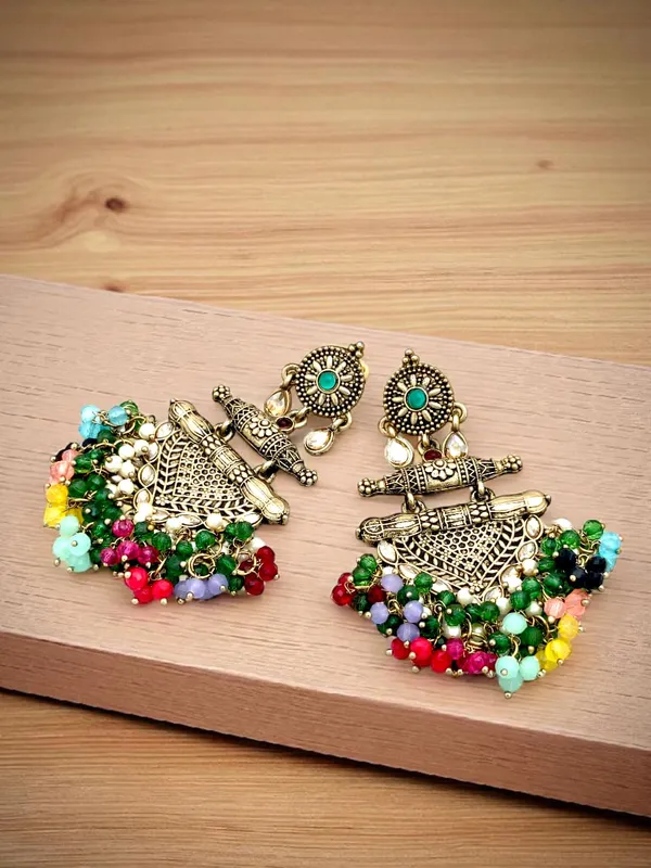 Multi_Brass_Matt_Toned_Metal_Work_With_Stone_And_Beaded_Long_Earring_For_Women_And_Girls