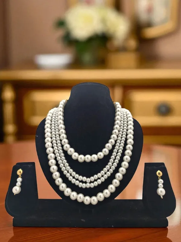 Gold-Tonedwhite_Five_Line_Pearl_Glass_Stones_Chain_And_Earrings_For_Women_And_Girls