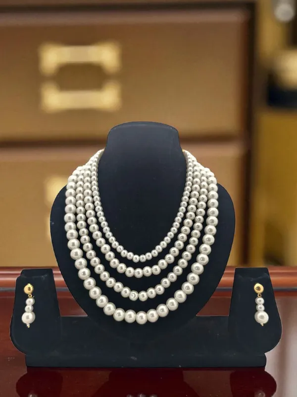 Gold-Toned_White_Four_Line_Pearl_Glass_Stones_Chain_And_Earrings_For_Women_And_Girls