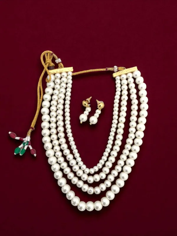 Gold-Toned_White_Four_Line_Pearl_Glass_Stones_Chain_And_Earrings_For_Women_And_Girls