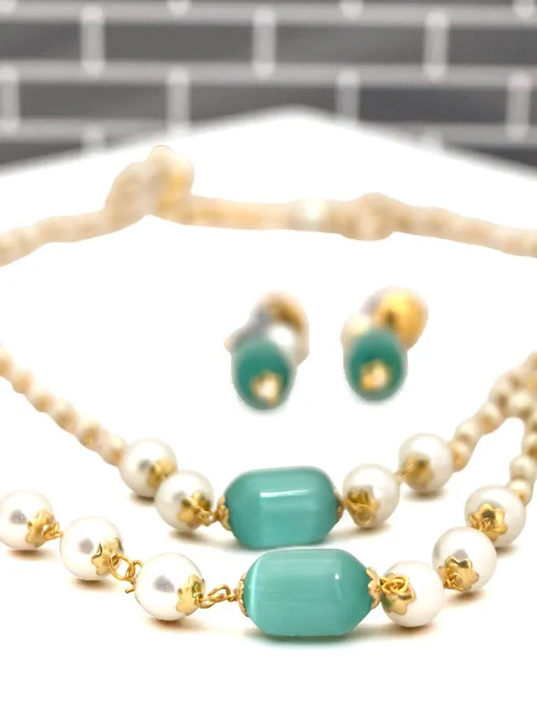 Gold-Toned_Sea_Green_Double_Line_Mint_Monalisa_Stone_Chains_And_Earrings_For_Women_And_Girls