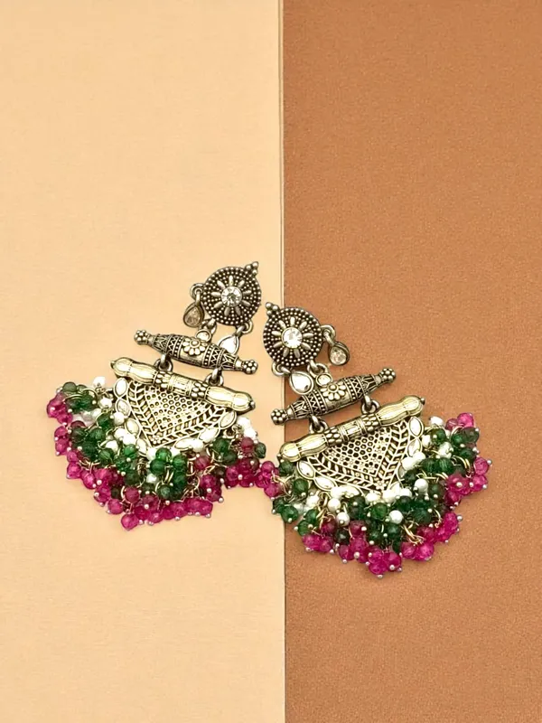 Fuchsia_Brass_Matt_Toned_Metal_Work_With_Stone_And_Beaded_Long_Earring_For_Women_And_Girls