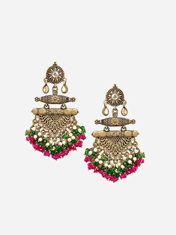 Fuchsia_Brass_Matt_Toned_Metal_Work_With_Stone_And_Beaded_Long_Earring_For_Women_And_Girls