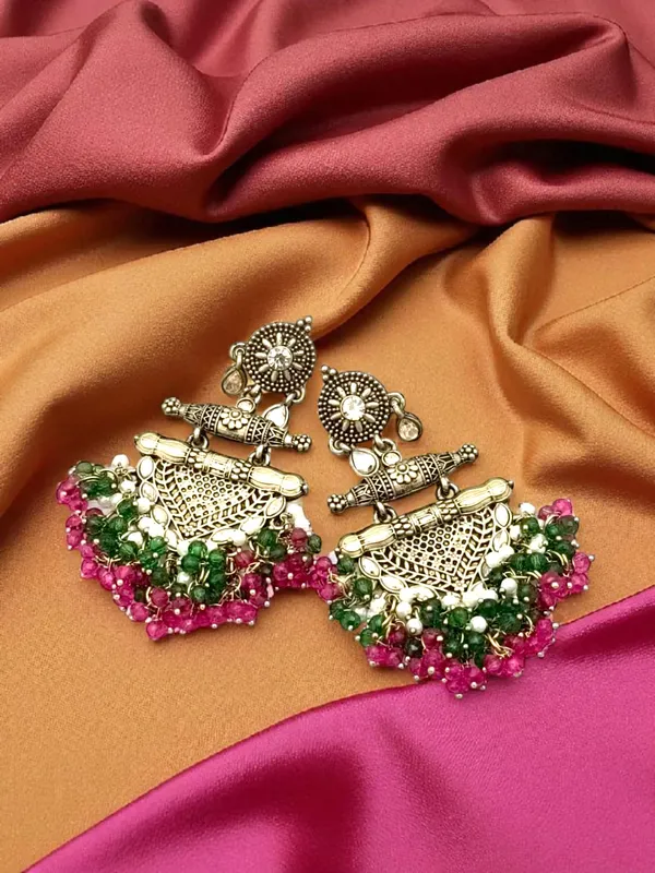 Fuchsia_Brass_Matt_Toned_Metal_Work_With_Stone_And_Beaded_Long_Earring_For_Women_And_Girls