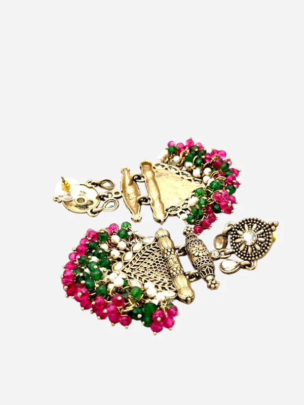 Fuchsia_Brass_Matt_Toned_Metal_Work_With_Stone_And_Beaded_Long_Earring_For_Women_And_Girls