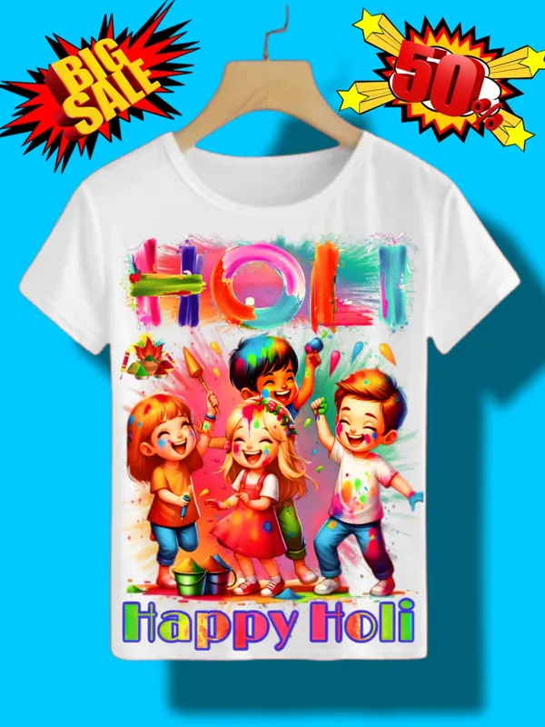 White_Festive_Holi_Splash_T-Shirt_For_Unisex_Kids