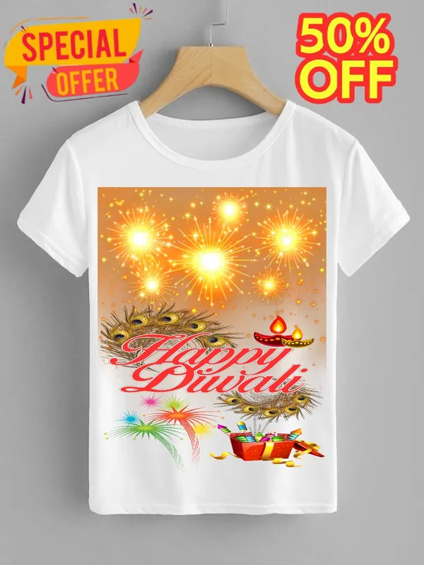 White_polyester__Diwali_White_polyester__T-Shirt_For_Kids