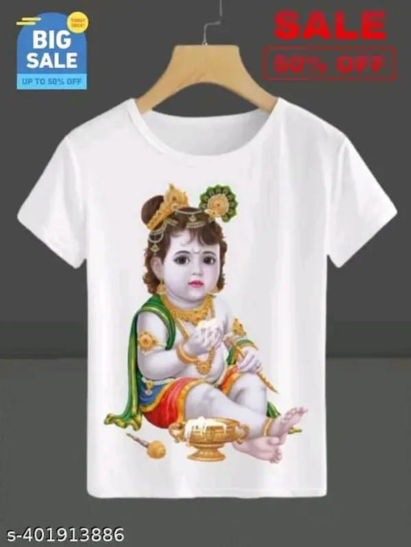 White_Polyester_Krishna_Ji_Short_Sleeve_T-Shirt_For_Kids