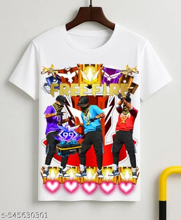 Unisex_White_polyester__New_Trend_{Free_Fire}_Printed_T_Shirts