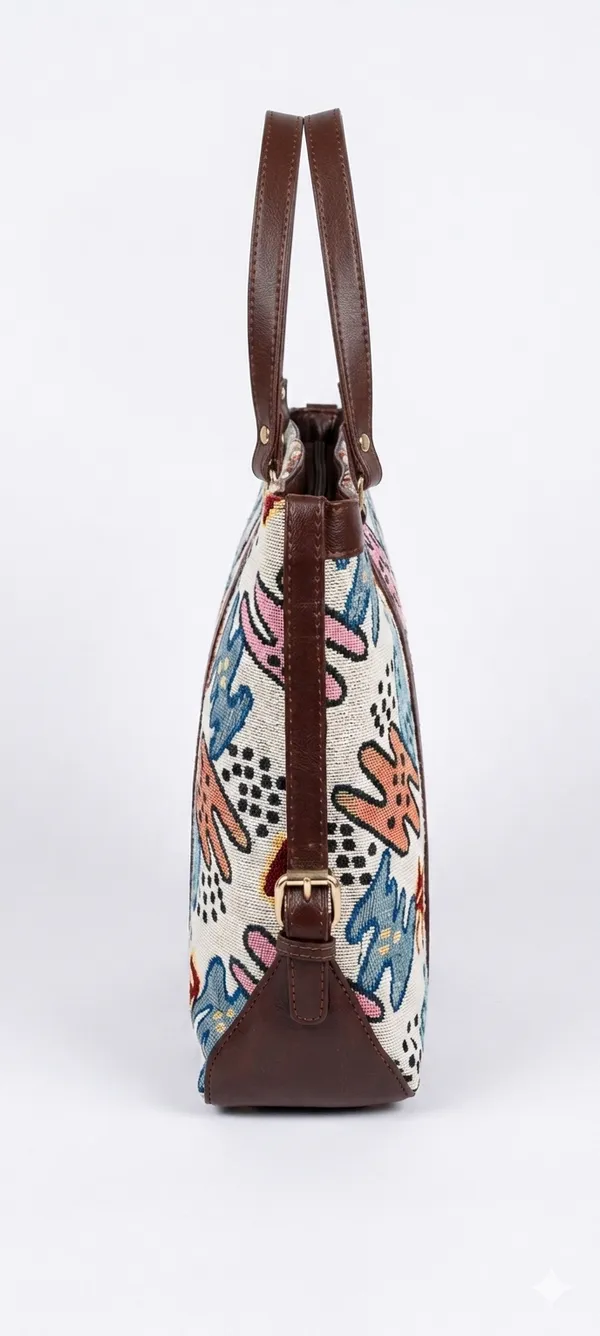 Abstract_Multicolor_Printed_Women’s_Tote_Bag_with_Brown_Faux_Leather_Handles