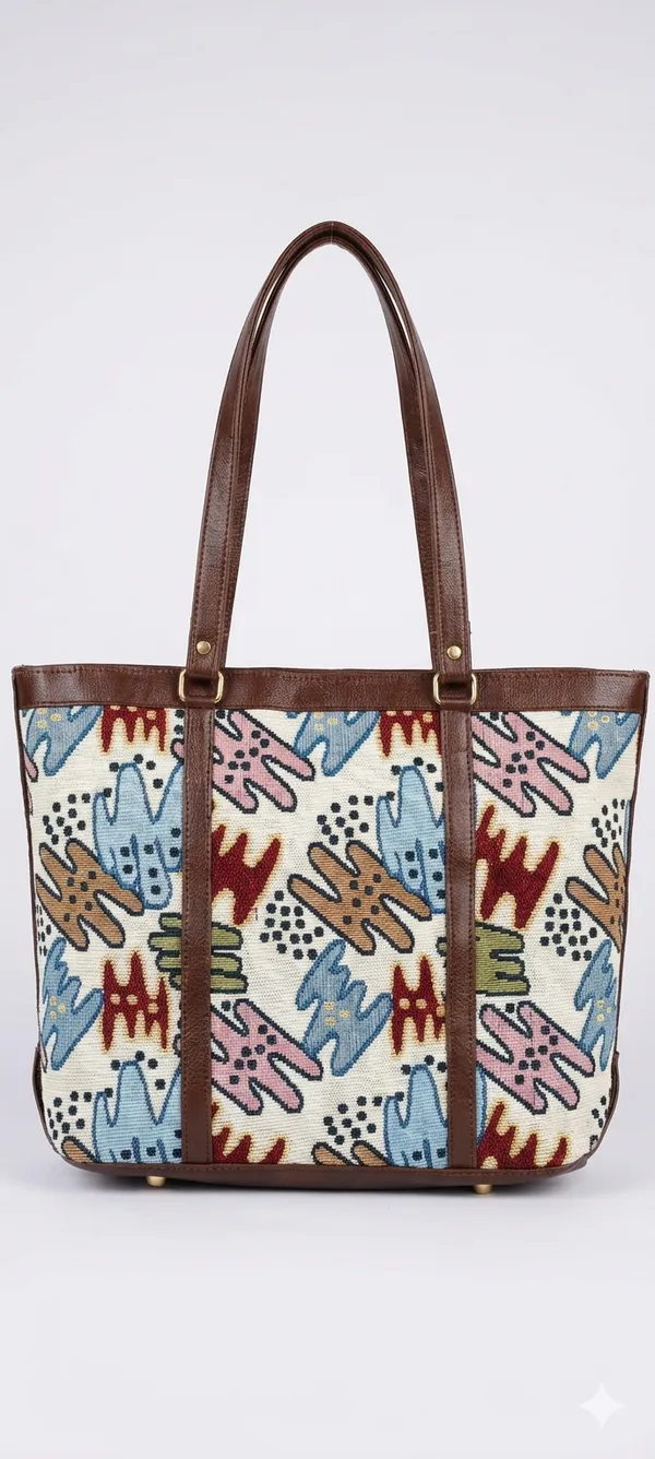 Abstract_Multicolor_Printed_Women’s_Tote_Bag_with_Brown_Faux_Leather_Handles