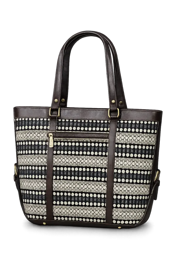 Black_&_White_Striped_Women’s_Tote_Bag_with_Brown_Faux_Leather_Handles